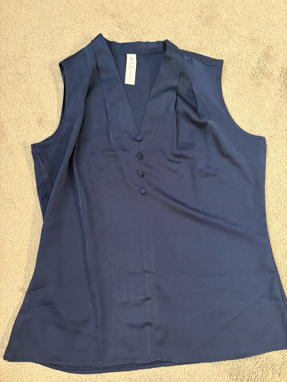 Amazon Navy Sleeveless Satin Tank with Covered Buttons